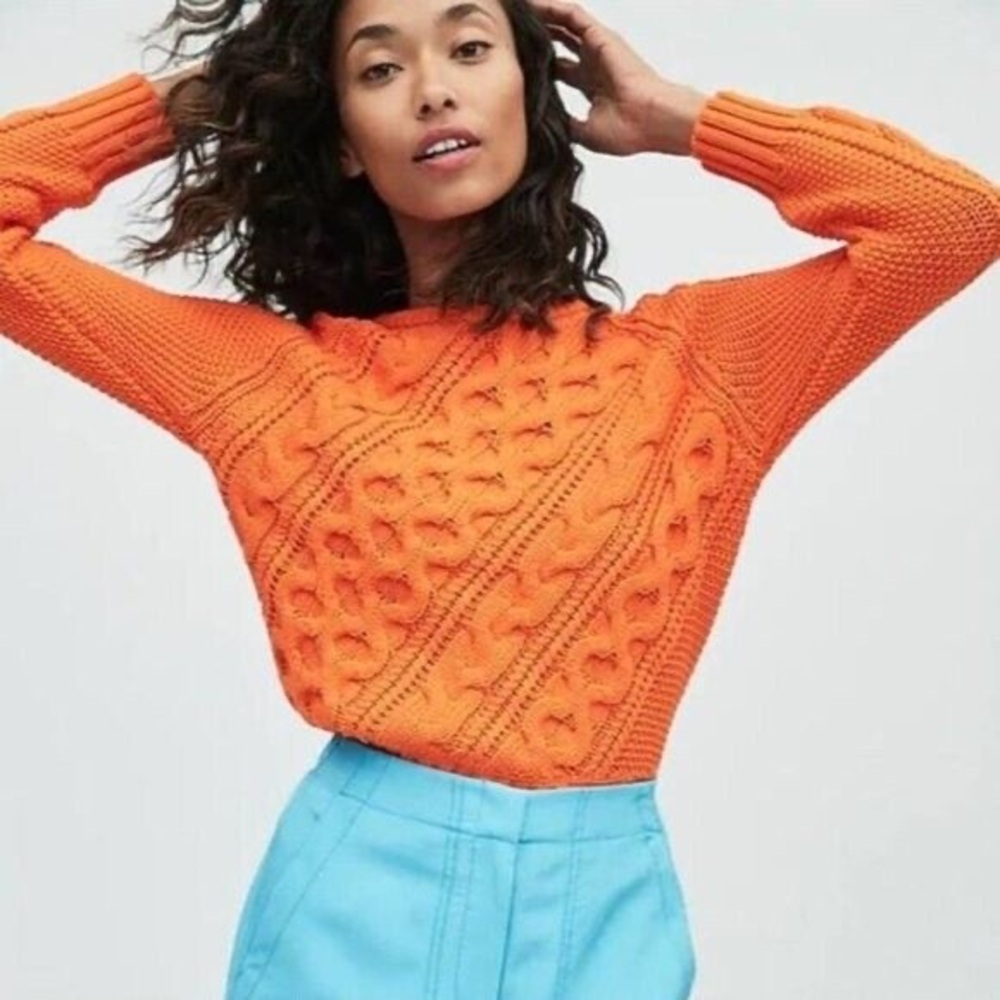J. Crew Diagonal Cable Knit Crewneck Spicy Orange‎ Sweater